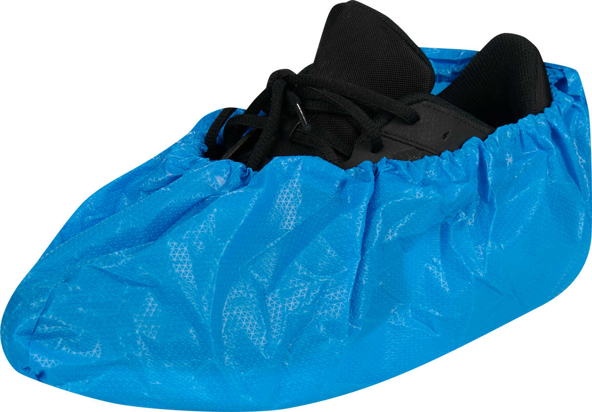 CPE shoe covers made of strong blue PE film 85my