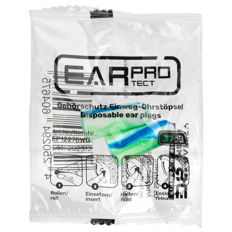 EarProtect Einweg Ohrstöpsel | PU Schaumstoff, blau/weiß/grün