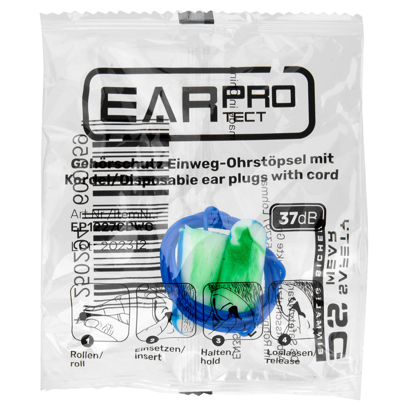 EarProtect Einweg Ohrstöpsel | PU Schaumstoff, Kordel, blau/weiß/grün