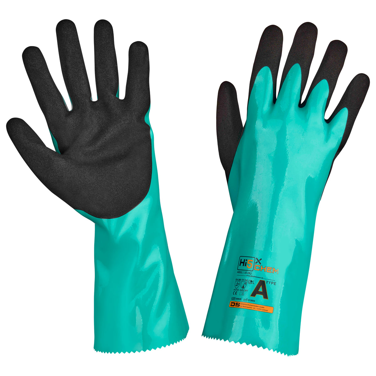 Hi5 X Chem Chemikalienschutzhandschuh mit Handfläche aus Nitril, sandig rau CE-Level: AJKLOPT 4121A