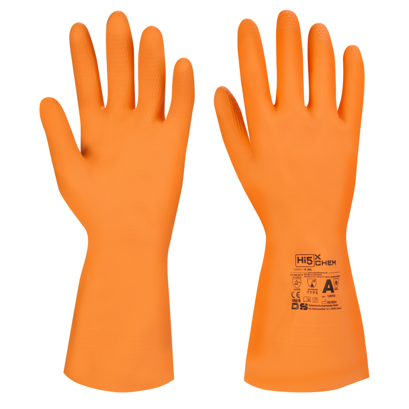 Hi5 X Chem - Latex Chemikalienschutzhandschuhe aus Naturkautschuk mit Flockfutter, Typ A AKLMNPST