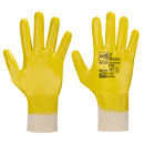 Nitrile gloves, fully dipped with knitted cuff in yellow/white