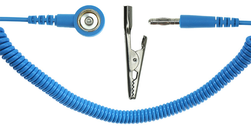 ESD spiral cable 1Mohm | 10/10mm snap fastener | Banana plug / crocodile clip - 2.4m - blue