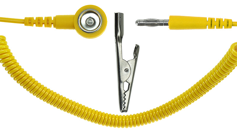ESD spiral cable 1Mohm | 10/10mm snap fastener | Banana plug / crocodile clip - 2.4m - yellow