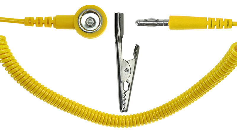 ESD Spiralkabel 1Mohm | 10/10mm Druckknopf | Bananenstecker / Krokodilklemme - 2,4m - gelb