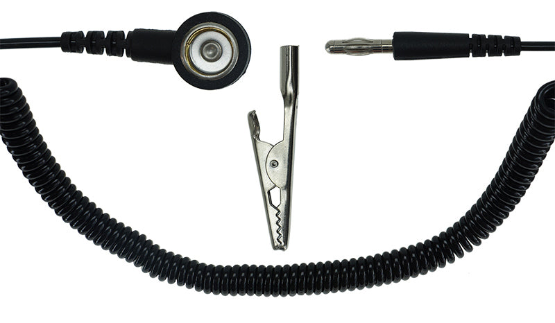 ESD Spiralkabel 1Mohm | 10/10mm Druckknopf | Bananenstecker - 1,8m - schwarz