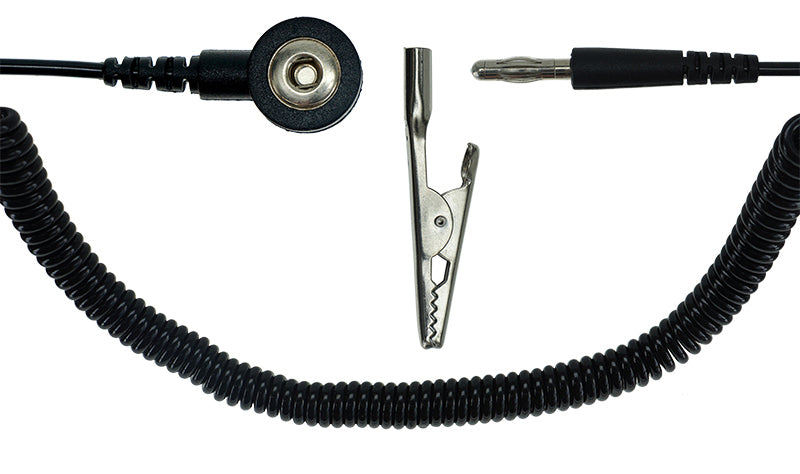 ESD spiral cable 1Mohm | 3mm snap fastener | Banana plug/crocodile clip - 2.4m - black